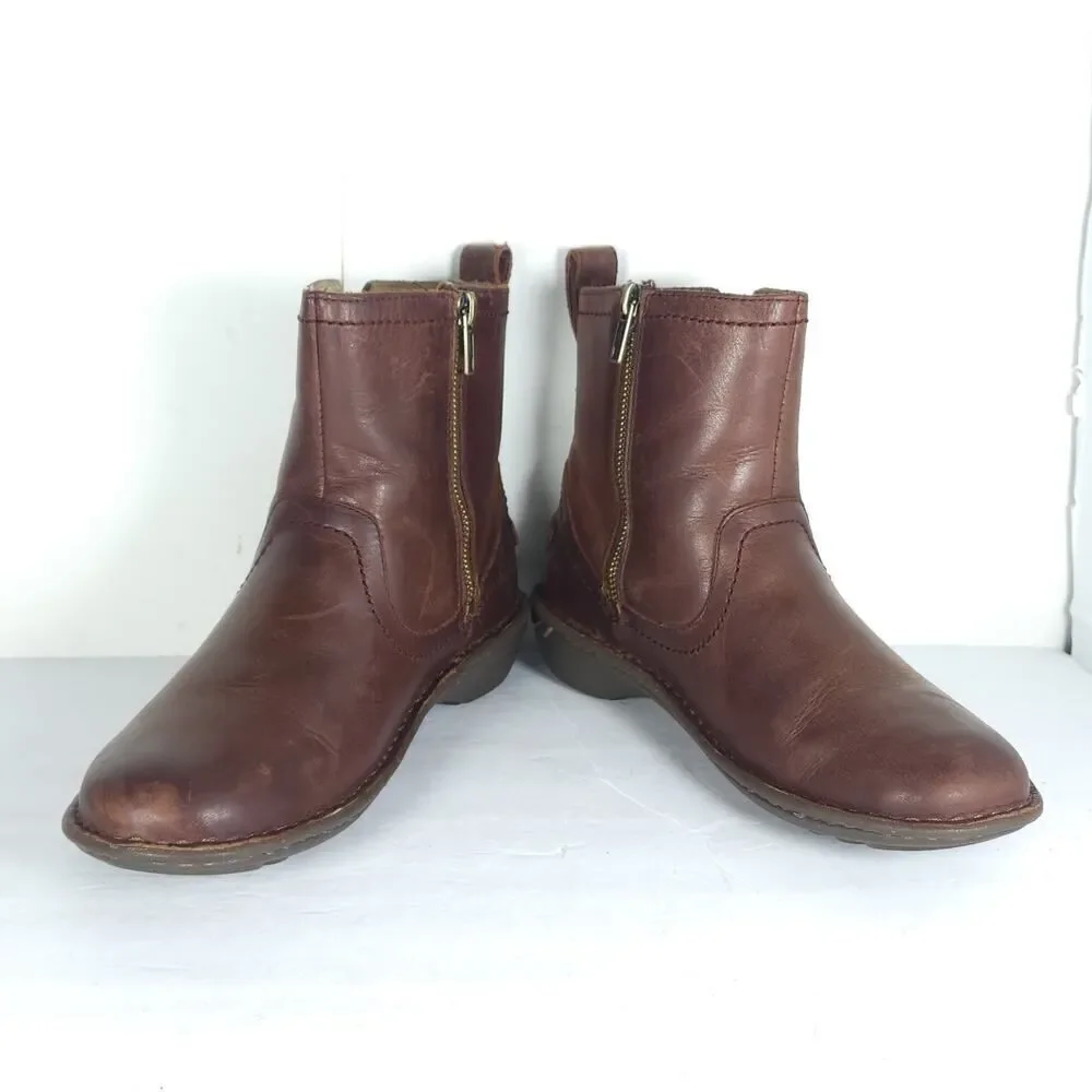 UGG Women's Neevah US6 Brown Leather Sheepskin Lined Side Zip Ankle Boots Bootie